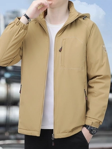 Outdoor khaki fleece jacket for men with hooded zip pockets on blurred city background