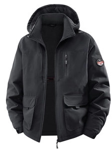 Men's black hooded outdoor jacket with multiple pockets and fleece lining for winter warmth