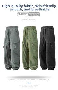 Three colors of men's cargo pants showing drawstring waist and large flap pockets detail