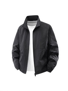 Men's black windbreaker outdoor jacket with stand collar and elastic cuffs on white background