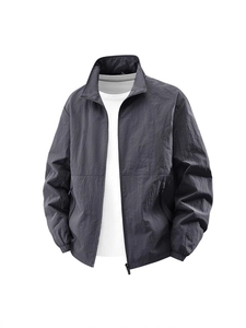 Men's dark gray lightweight outdoor windbreaker jacket with stand collar and elastic cuffs
