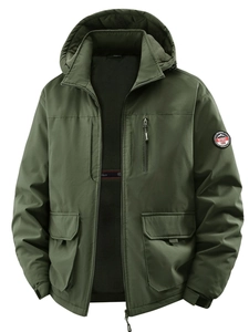 Men's thick fleece-lined jacket in olive green outdoor style with hood and pockets