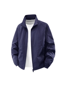 Men's navy blue lightweight outdoor jacket with stand collar and quick-dry fabric