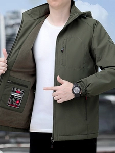 Men's military green outdoor hooded jacket with warm brown fleece lining and pockets