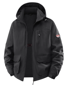 Men's black hooded fleece jacket with windproof fabric and functional pockets