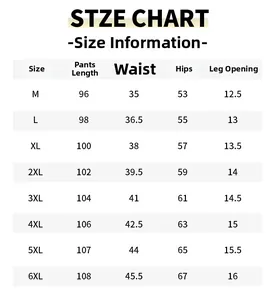 Detailed size chart for men cargo joggers showing length waist and hip measurements