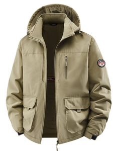 Men's khaki hooded outdoor jacket with fleece lining and multiple utility pockets