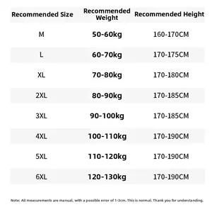 Detailed size chart for men's cargo pants covering M to 6XL with height and weight guides