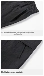 Detail showing side pockets and cargo pockets on black drawstring athletic pants