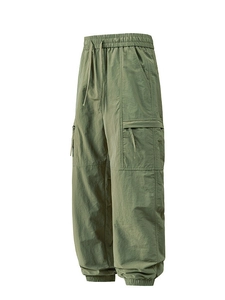 Army green men's cargo pants with drawstring waist and side pockets in 3/4 view