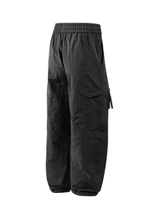 Men's black cargo joggers with elastic drawstring waist and side flap pockets on white background