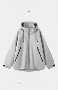 Detail of light grey waterproof jacket with black zippers and adjustable velcro cuffs