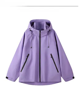 Detail view of the purple hooded windbreaker with zip pockets and adjustable cuffs