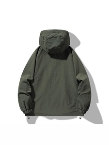 Men's dark green hooded windbreaker jacket with waterproof fabric and adjustable hem