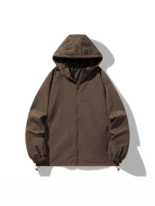 Men's dark brown waterproof hooded windbreaker jacket with zipper pockets and adjustable hem
