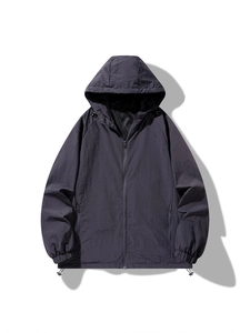 Men's dark grey hooded windbreaker jacket with adjustable drawstrings and zip closure