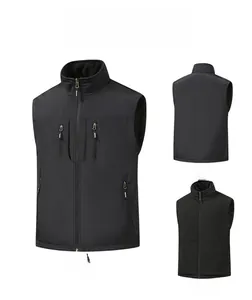 Detail view of double-sided men's vest with zipper pockets and windproof stand collar