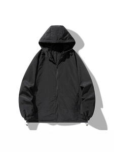 Men's black hooded windbreaker jacket with adjustable drawstring and waterproof fabric
