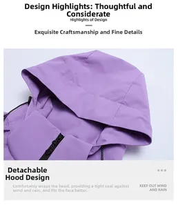 Detail of the purple hooded jacket showing the detachable hood design and windproof collar