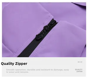 Detailed macro view of quality black resin zipper and woven puller on purple jacket