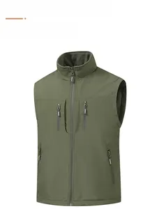 Detail of army green waterproof vest with warm fleece lining and functional pockets