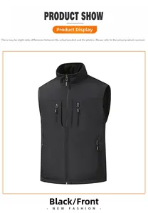 Front view of black outdoor vest with stand collar and four functional zipper pockets