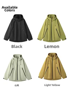Detail view showing four colors of waterproof windbreaker jackets in a grid layout