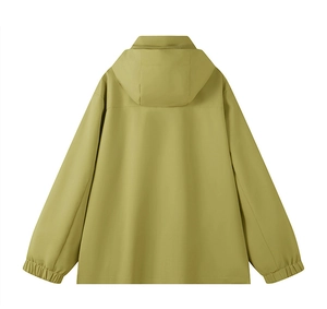Detail view showing adjustable hood and back ventilation of this green windbreaker