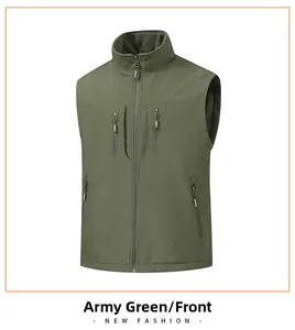 Detail of army green waterproof vest showing full zipper and four functional pockets