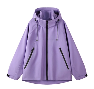 Detail view of lavender hooded windbreaker featuring waterproof fabric and adjustable cuffs