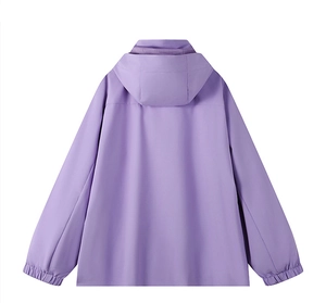 Back view of the light purple hooded windbreaker jacket with elastic cuffs and smooth fabric