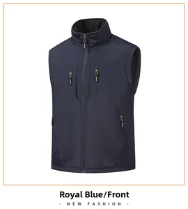 Front view of royal blue windproof outdoor vest with multiple functional zipper pockets
