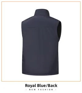 Detail view of the back of a men's blue fleece-lined waterproof sport vest with stand collar