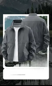 Front and back view of dark grey casual jacket with stand collar and wool blend texture
