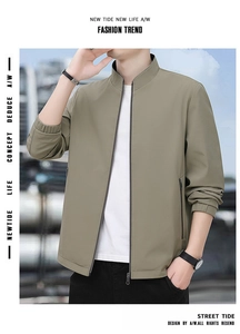 Detailed close-up of olive green casual jacket with stand-up collar and ribbed cuffs
