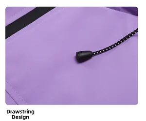 Detailed close-up of a purple outdoor jacket featuring adjustable drawstring and durable zipper