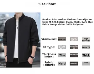 Detailed size chart for men's stand collar jacket featuring fit and fabric specifications