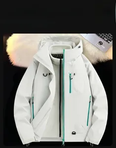 Detail of outdoor jacket with waterproof green zipper and warm fleece lining
