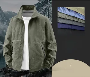 Detailed view of casual men's outdoor jacket showing standing collar and six color options
