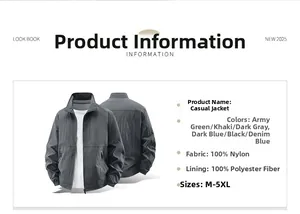 Infographic showing color options and size chart for men waterproof spring jacket