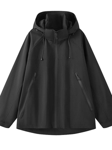 Men's outdoor windproof waterproof hooded jacket in black with double zipper pockets