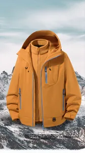 Three-in-one waterproof outdoor jacket with detachable fleece liner and hood in ginger yellow