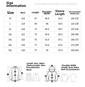 Detailed size chart for men's waterproof spring jacket featuring measurements from M to 5XL