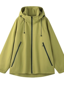 Olive green hooded windbreaker with black zippers and drawstring for outdoor activities