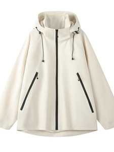 Waterproof cream windbreaker jacket with hooded design and black zipper for outdoor sports