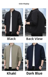 Detail view of men's casual stand collar jacket in black, khaki, and navy blue