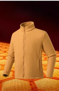 Detail of warm khaki fleece jacket featuring thermal honeycomb lock technology for outdoors