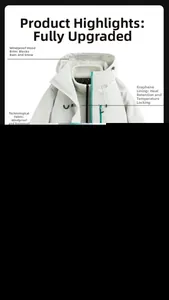 Detail view of white outdoor jacket with graphene thermal lining and waterproof shell
