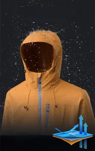 Detail of waterproof ginger orange hiking jacket with water-repellent lotus leaf tech