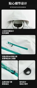 Detail view of waterproof zippers and windproof hood on gray outdoor mountain jacket